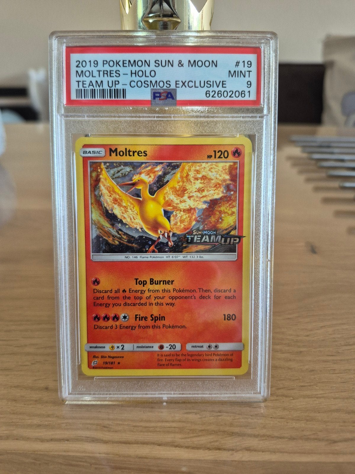 Moltres 19/181 Team Up Stamped Exclusive PSA9, Ophalen of Verzenden, Nieuw, Losse kaart