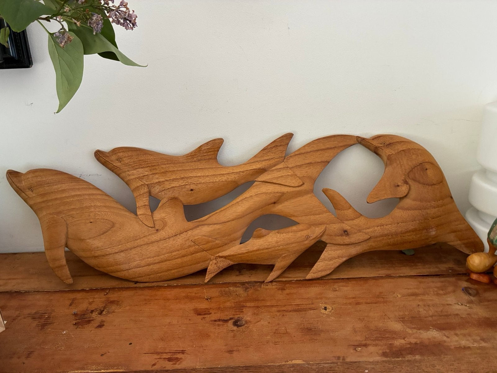 Wandsculptuur wand decoratie dolfijnen hout, Ophalen of Verzenden