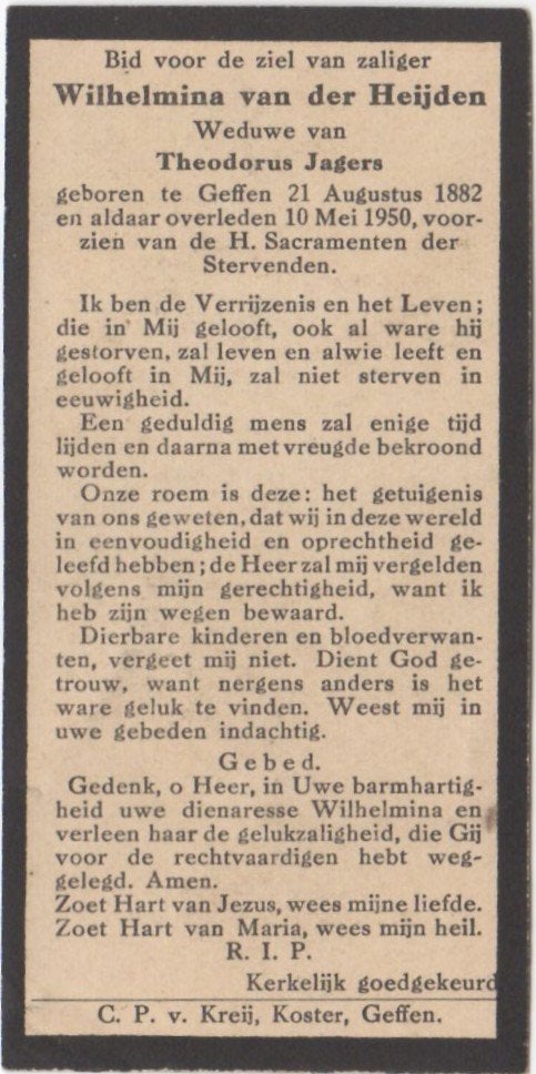 Wilhelmina van der Heijden 1882 Geffen + 1950 Geffen, 67 jr, Ophalen of Verzenden