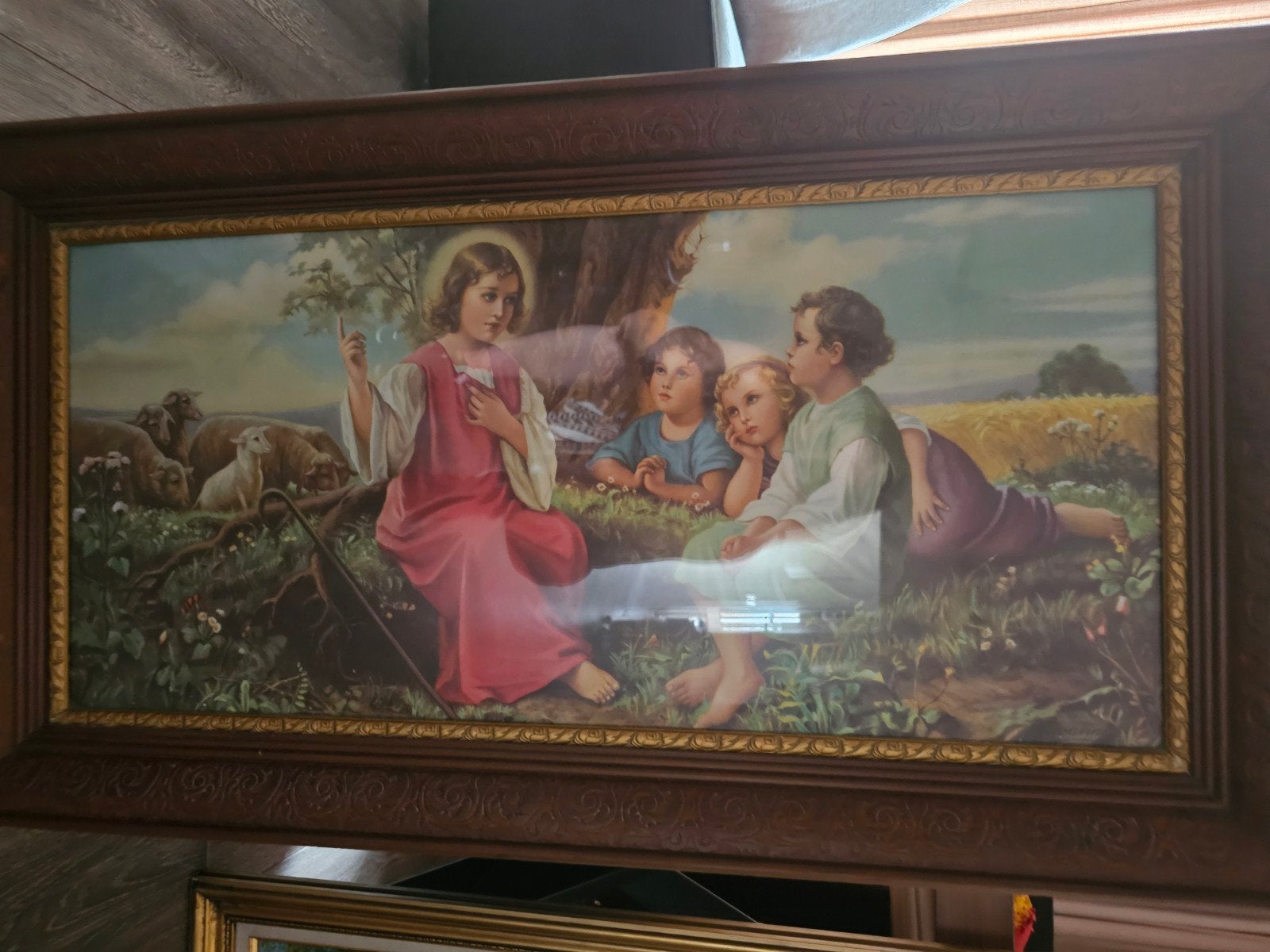 Schilderij: Jezus met kinderen en schapen, 25x58 cm, Doek, Ophalen of Verzenden, Klassiek, Print