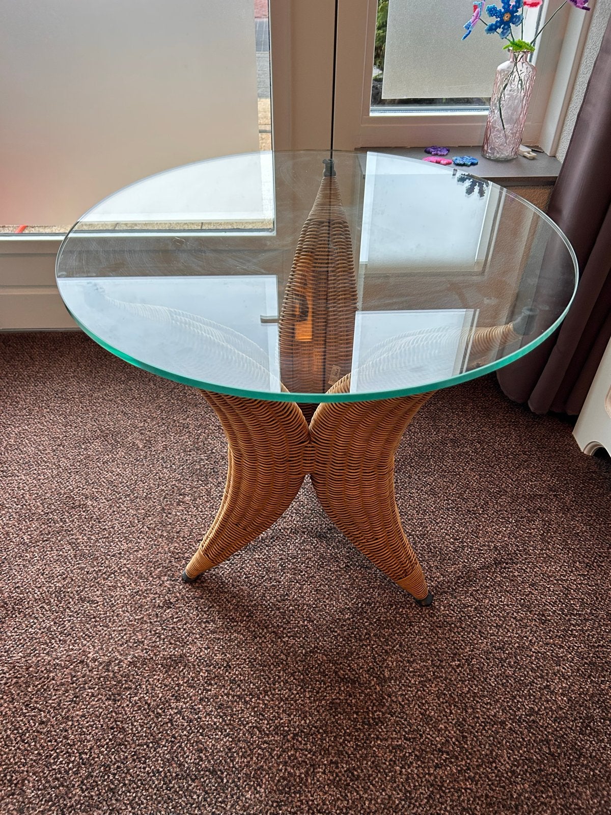 Glazen salontafel met rotan onderstel, Ophalen, 50 – 75, Gebruikt, Rond