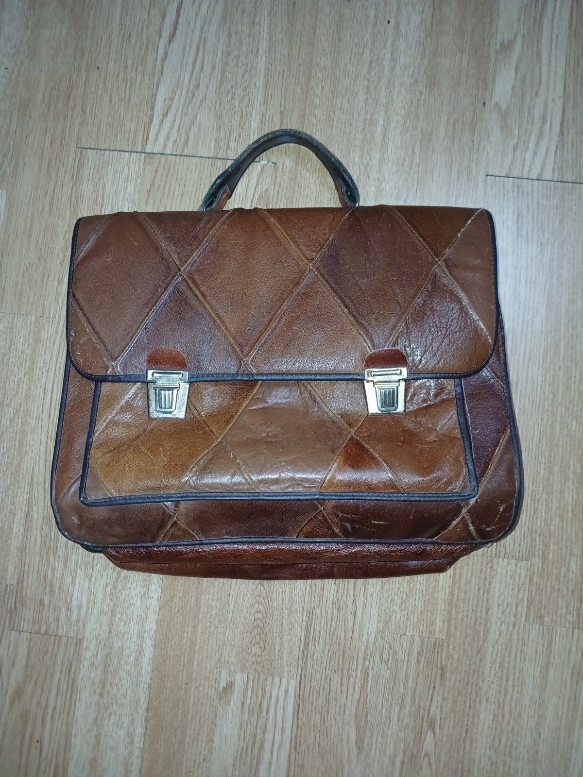 Vintage Leren Aktetas/Handtas - Bruin Patchwork, Ophalen of Verzenden, Gebruikt, Bruin, Handtas
