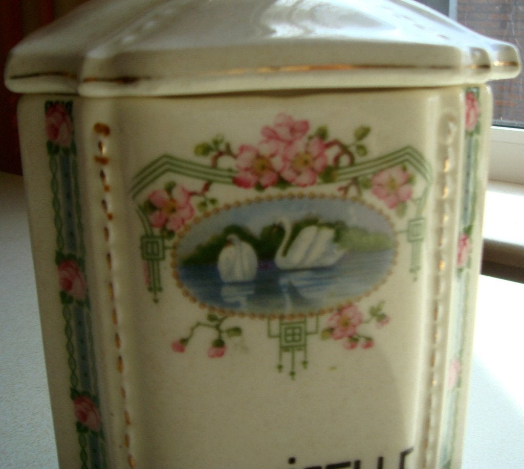 antieke art deco voorraadpot met decor zwanen € 7,50, Gebruikt, Overige typen, Ophalen of Verzenden, Glas