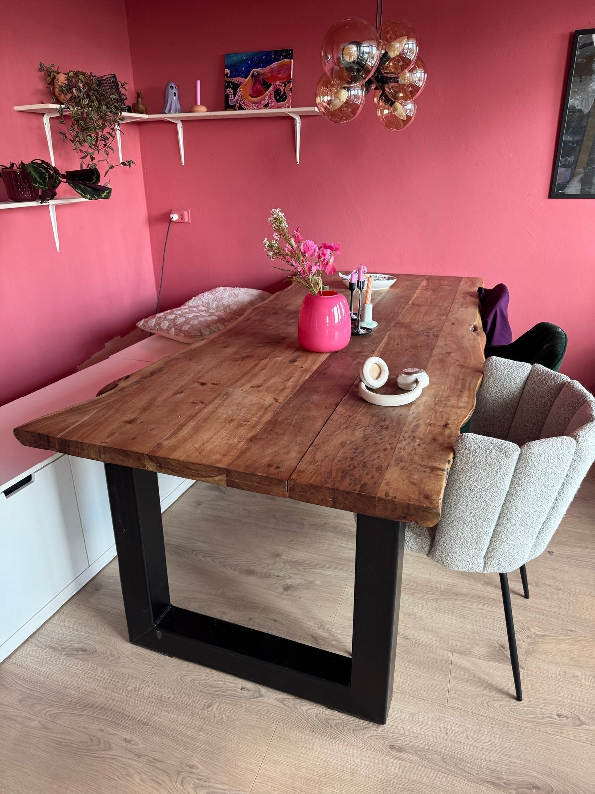 Robuuste houten eettafel met metalen onderstel, Ophalen, 200 cm of meer, 50 tot 100 cm, Zo goed als nieuw