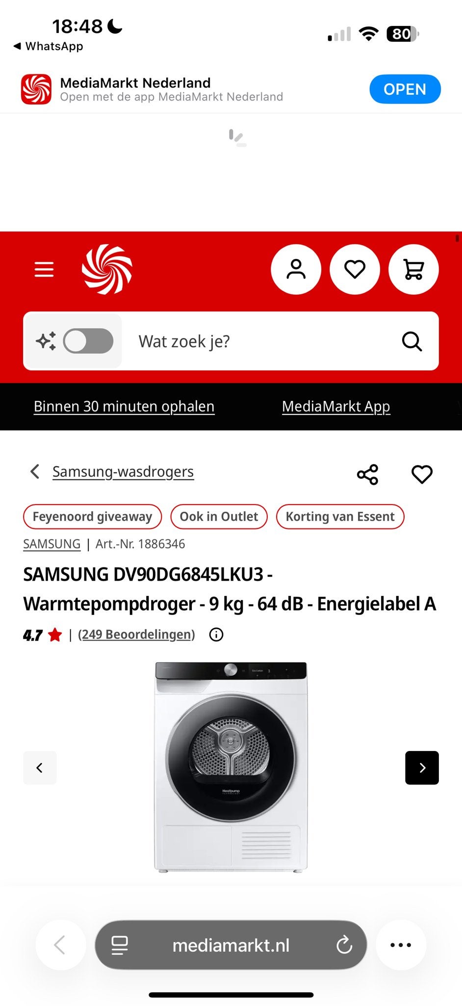 Samsung DV90DG6845LKU3 Warmtepompdroger - Nieuw in doos, Witgoed en Apparatuur, 8 tot 10 kg, Nieuw, Ophalen of Verzenden, Energieklasse A of zuiniger