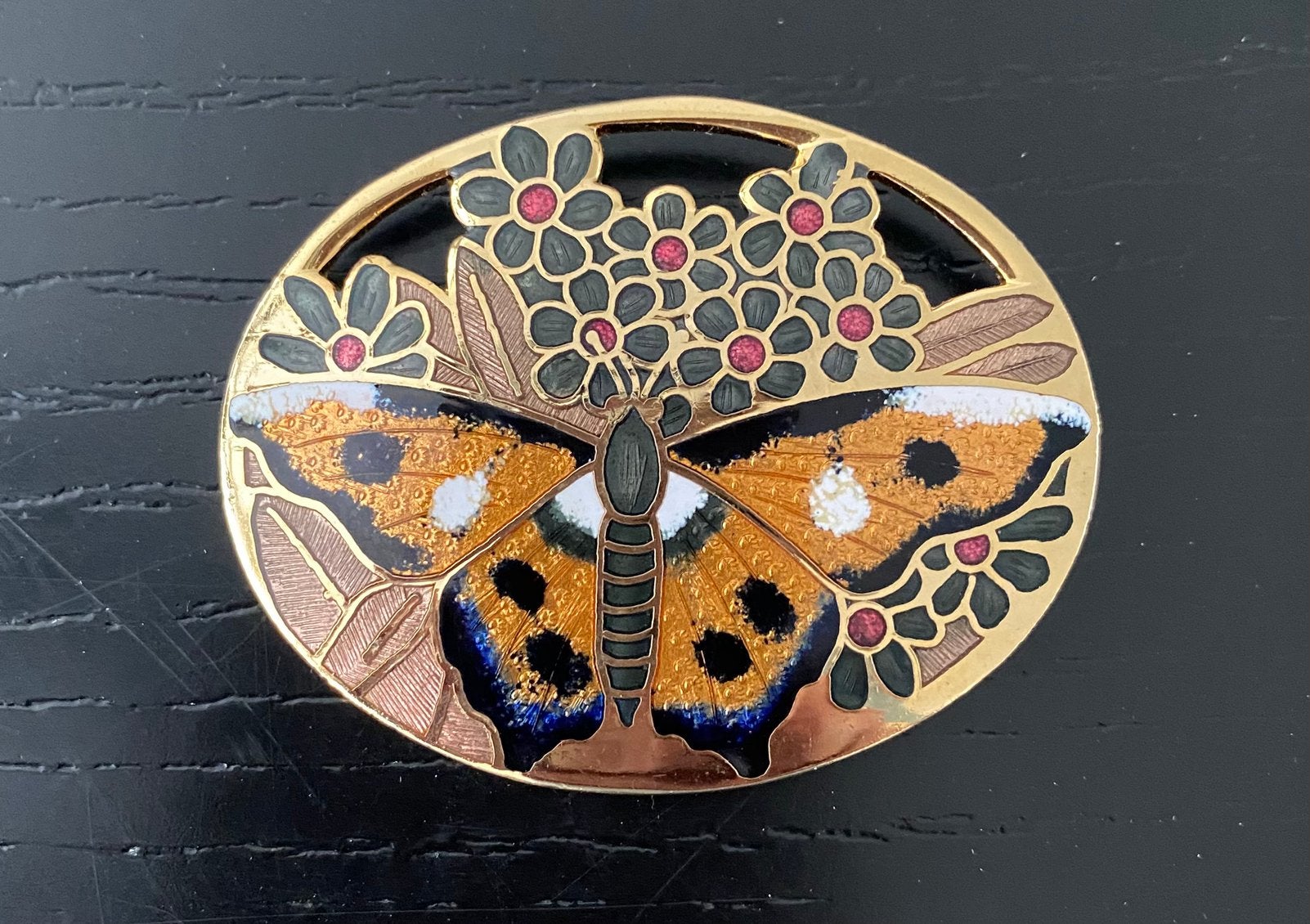 Vintage emaille cloisonne vlinder broche, Ophalen of Verzenden, Zo goed als nieuw, Overige materialen