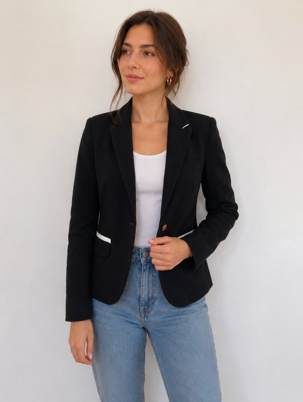 Bershka Bsk Zwart Jasje met Witte Details - Maat M, Maat 38/40 (M), Zwart, Ophalen of Verzenden, Jasje