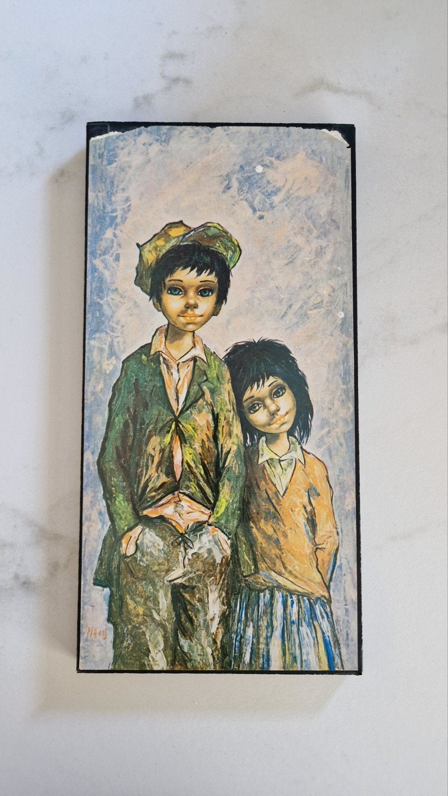 Vintage 'Big Eye' Kinderen Print op Houten Plaat, Ophalen of Verzenden