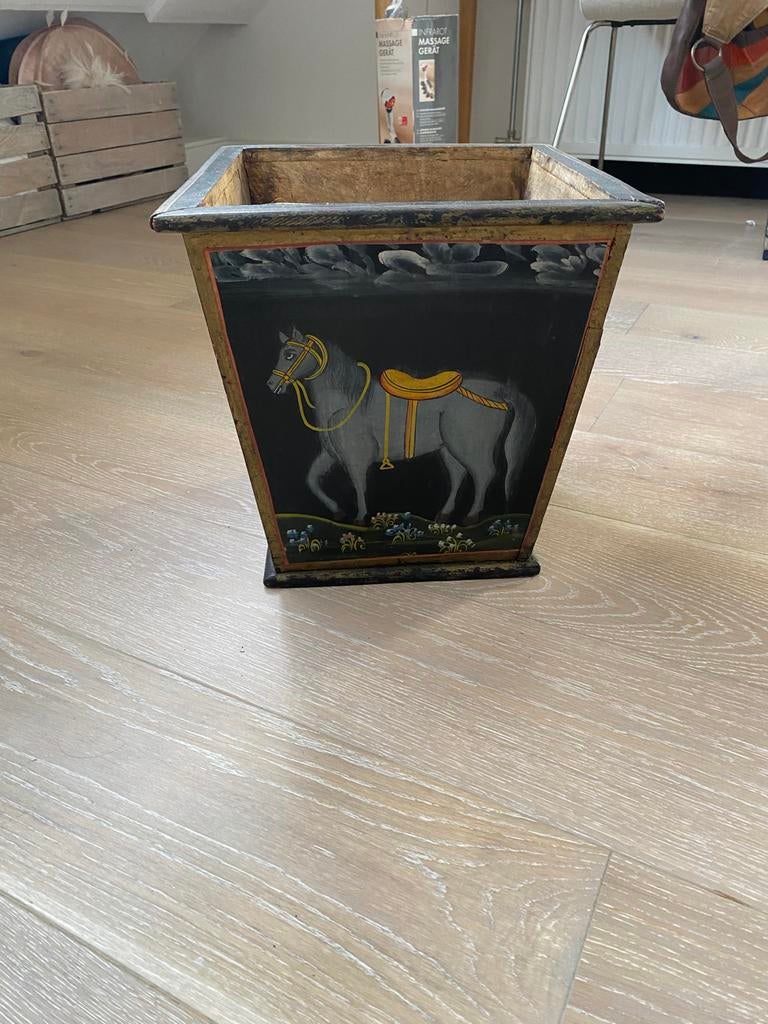 Oude houten prullenbak handbeschilderd, Ophalen of Verzenden, Gebruikt