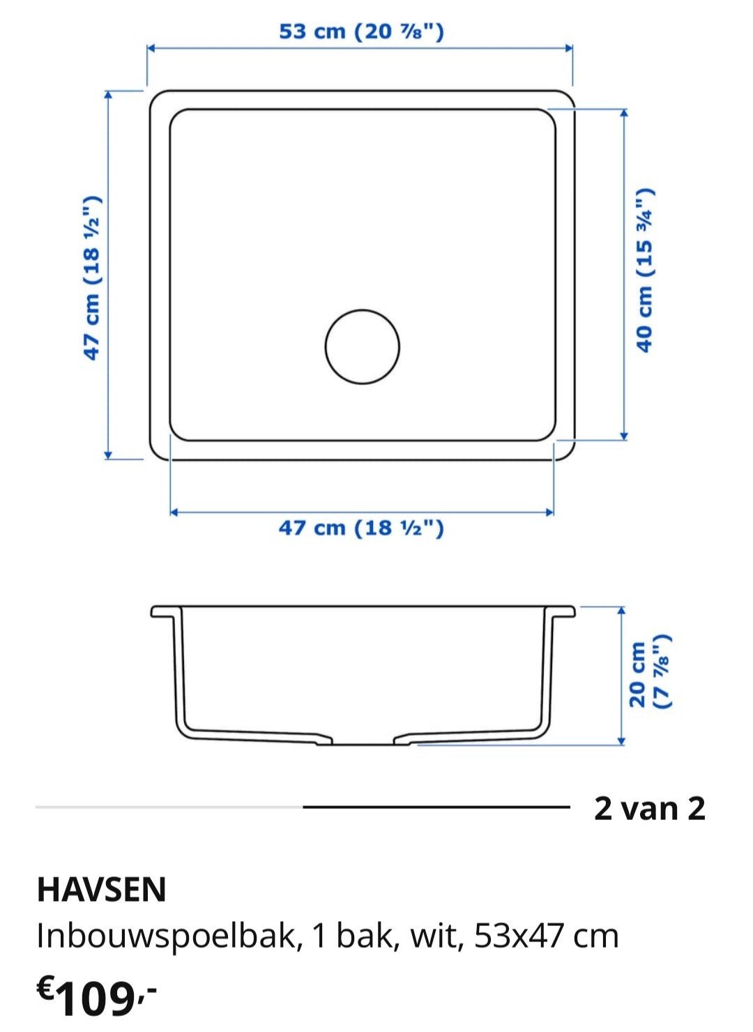 Havsen keramiek inbouwspoelbak Ikea 53x47 cm, Ophalen, Minder dan 50 cm, Wit, Nieuw