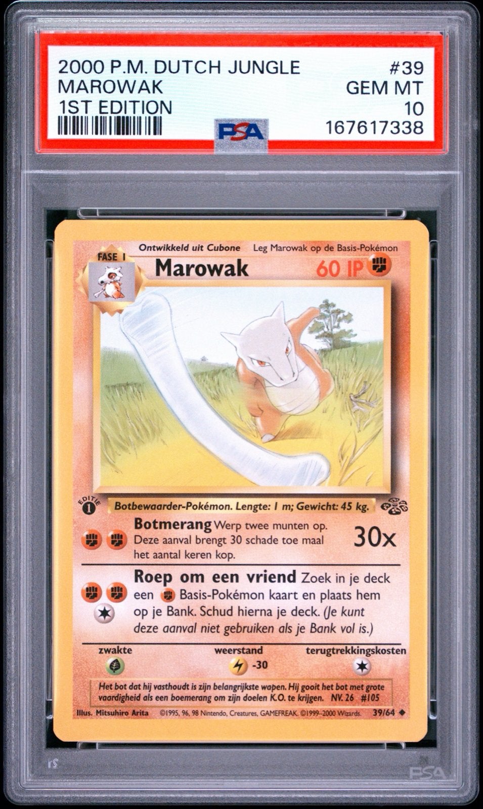 PSA 10 GEM MT Marowak 2000 P.M. Dutch Jungle 1st Edition, Ophalen of Verzenden, Zo goed als nieuw, Losse kaart