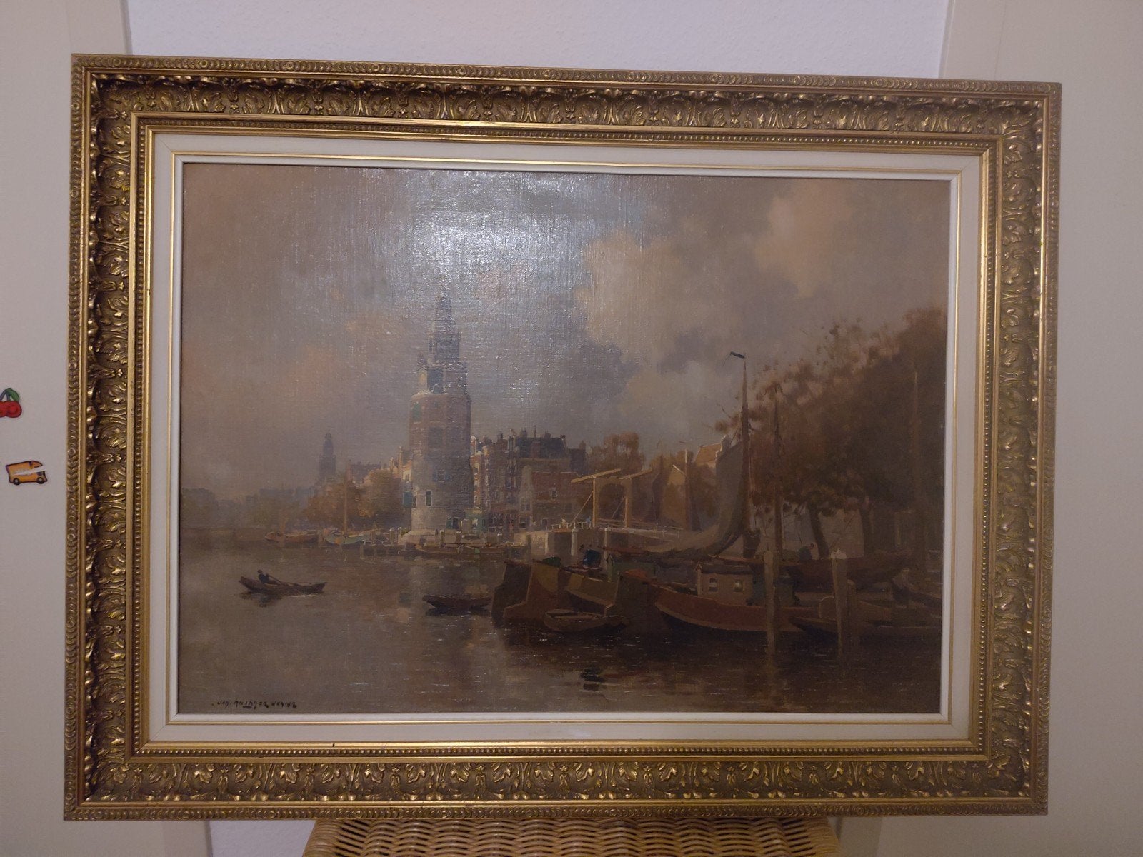 Schilderij Jan Knikker jr: Stadsgezicht aan het water, Ophalen, Doek, Realistisch, Stads- / dorpsgezicht
