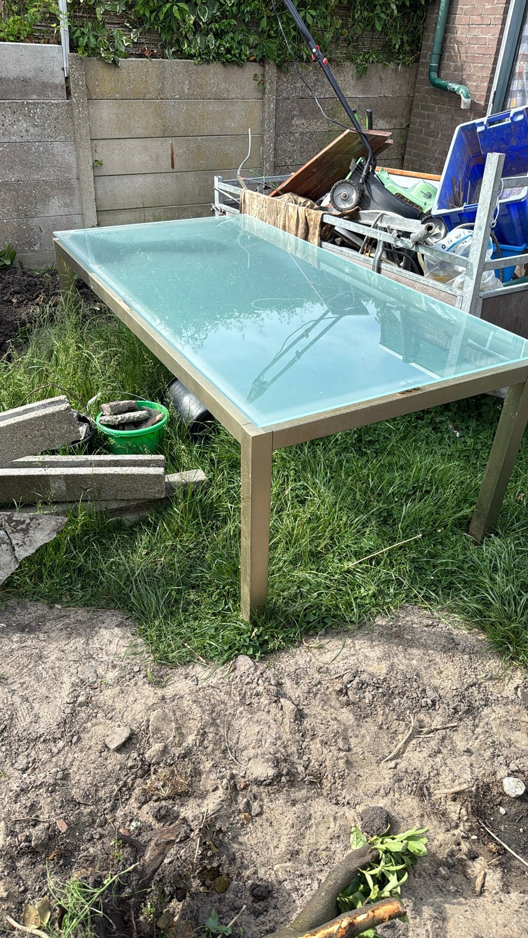 Glasen tafel met stalen/rvs onderkant 2x1m, Ophalen of Verzenden, Rechthoekig, 200 cm of meer, 50 tot 100 cm