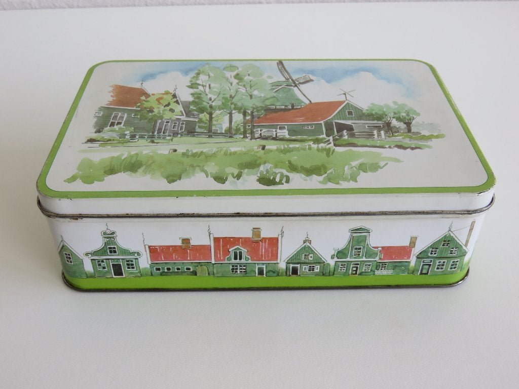 Verkade blik hollands landschap met molen en boerderij, Ophalen of Verzenden, Gebruikt, Koek(jes), Verkade