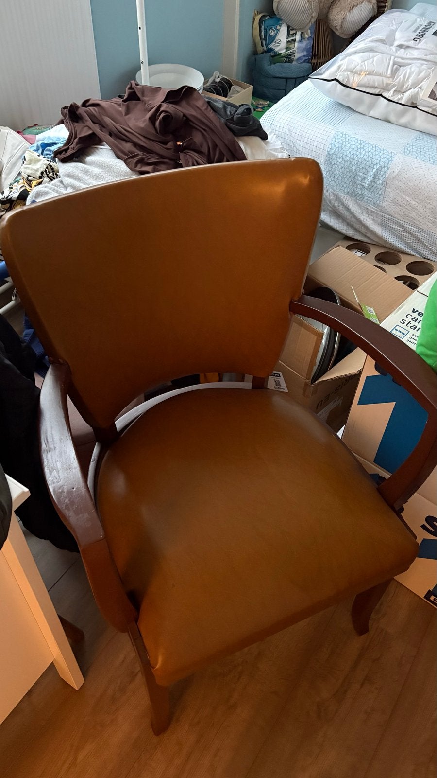 Vintage fauteuil - Bruin leer en hout, Huis en Inrichting, Ophalen, Gebruikt, Bruin, Eén