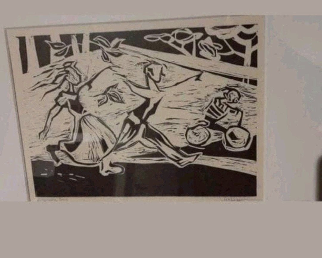 Houtsnede Aggy Claessen: Dynamische Scène met Figuren, Antiek en Kunst, 1950 - 1999, Ophalen of Verzenden, Houtsnede, Ingelijst