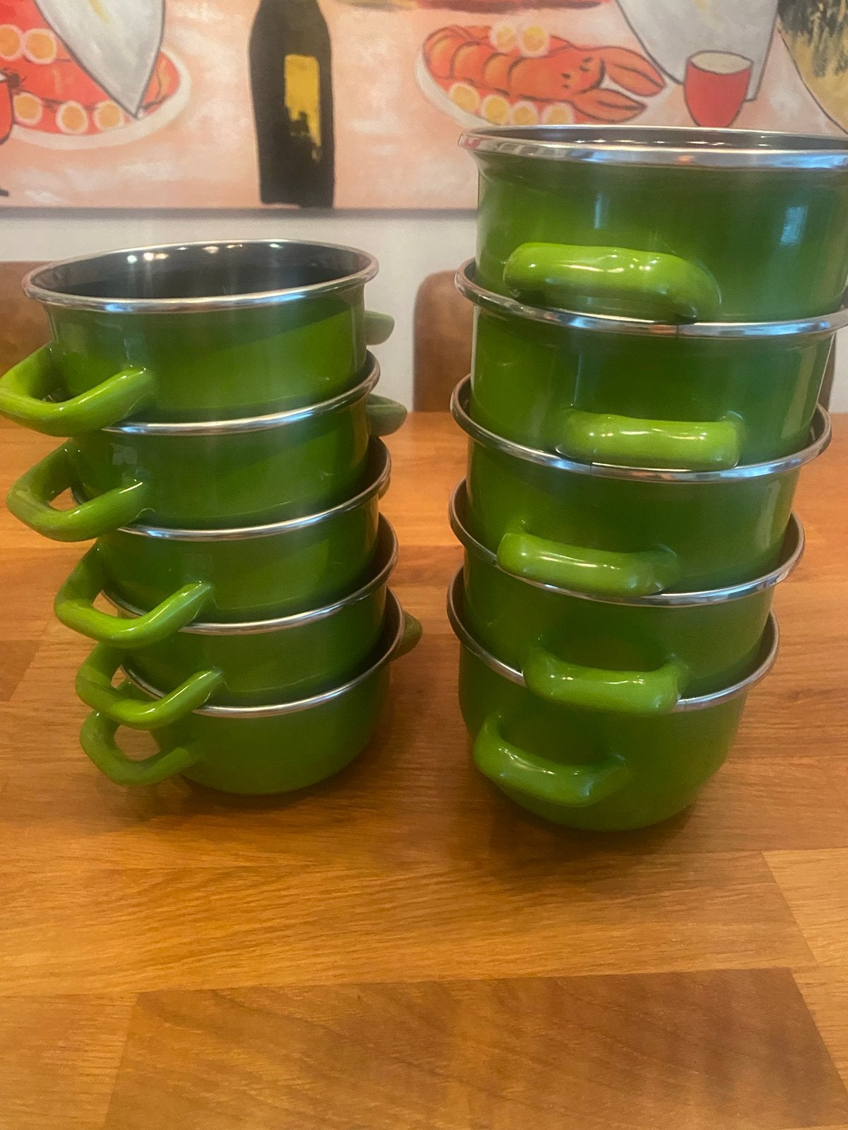 Set van 10 Groene Emaille Kookpannen - Diverse Maten, Gebruikt, Met handvatten, Ophalen of Verzenden, Kookpan