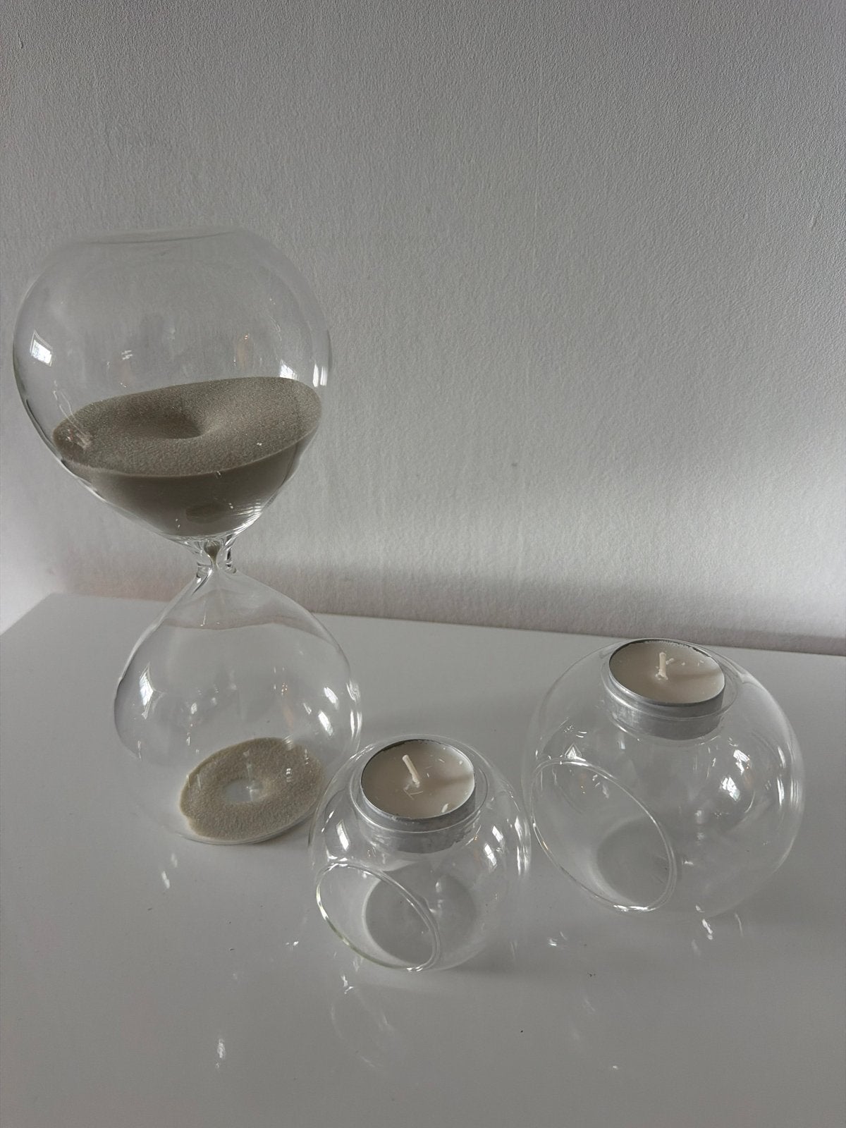 Zandloper en theelichthouders set, Huis en Inrichting, Woonaccessoires | Overige, Ophalen, Zo goed als nieuw, Modern, Wit