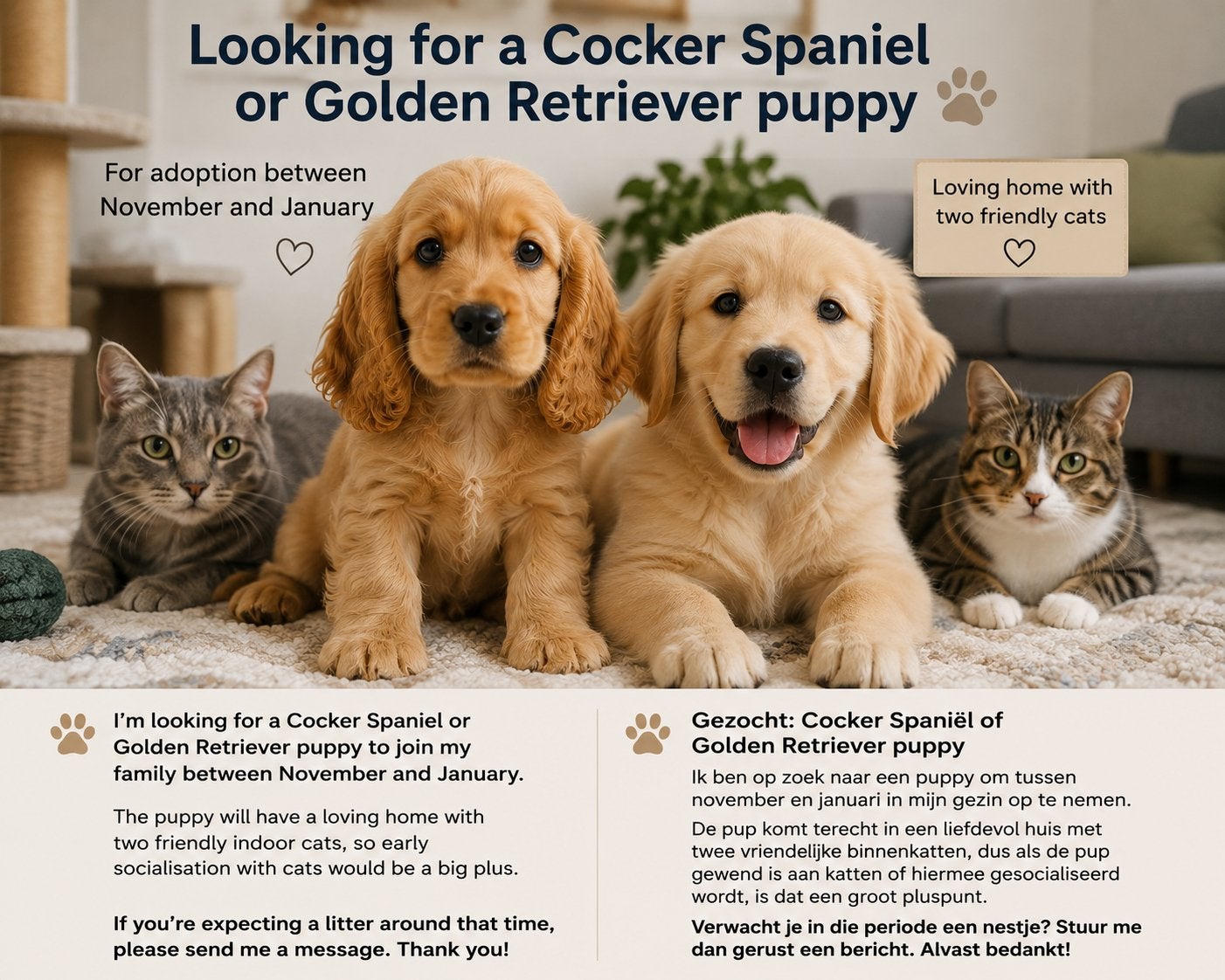 Looking for a Cocker Spaniel or Golden Retriever puppy, Ophalen