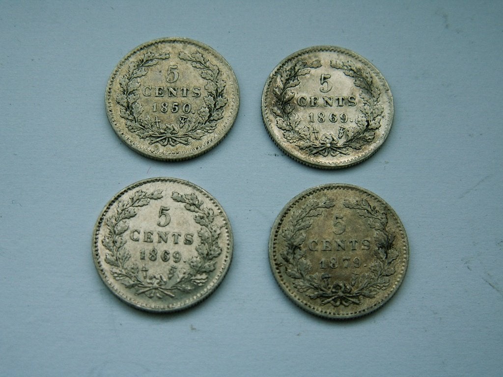 NEDERLAND. Lotje van 4 stuks 5 Cent Willen lll, Postzegels en Munten, Munten | Nederland, Koning Willem III, Zilver, 5 cent, Verzenden