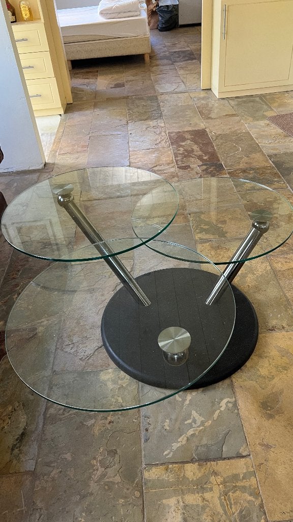 Glazen salontafel, Huis en Inrichting, Tafels | Salontafels, Ophalen, Gebruikt, Rond, Minder dan 50 cm