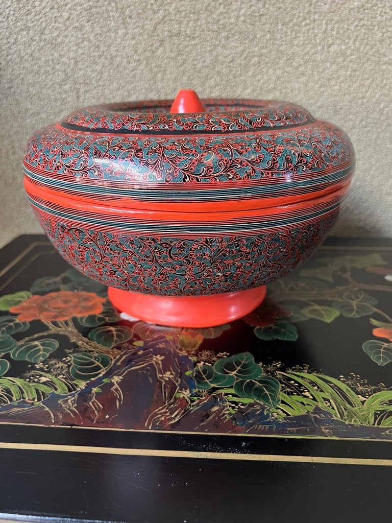 Birmese schaal uit Birma prachtig van hout handwerk, Verburgt Vintage, Schaal, Rond, Ophalen of Verzenden