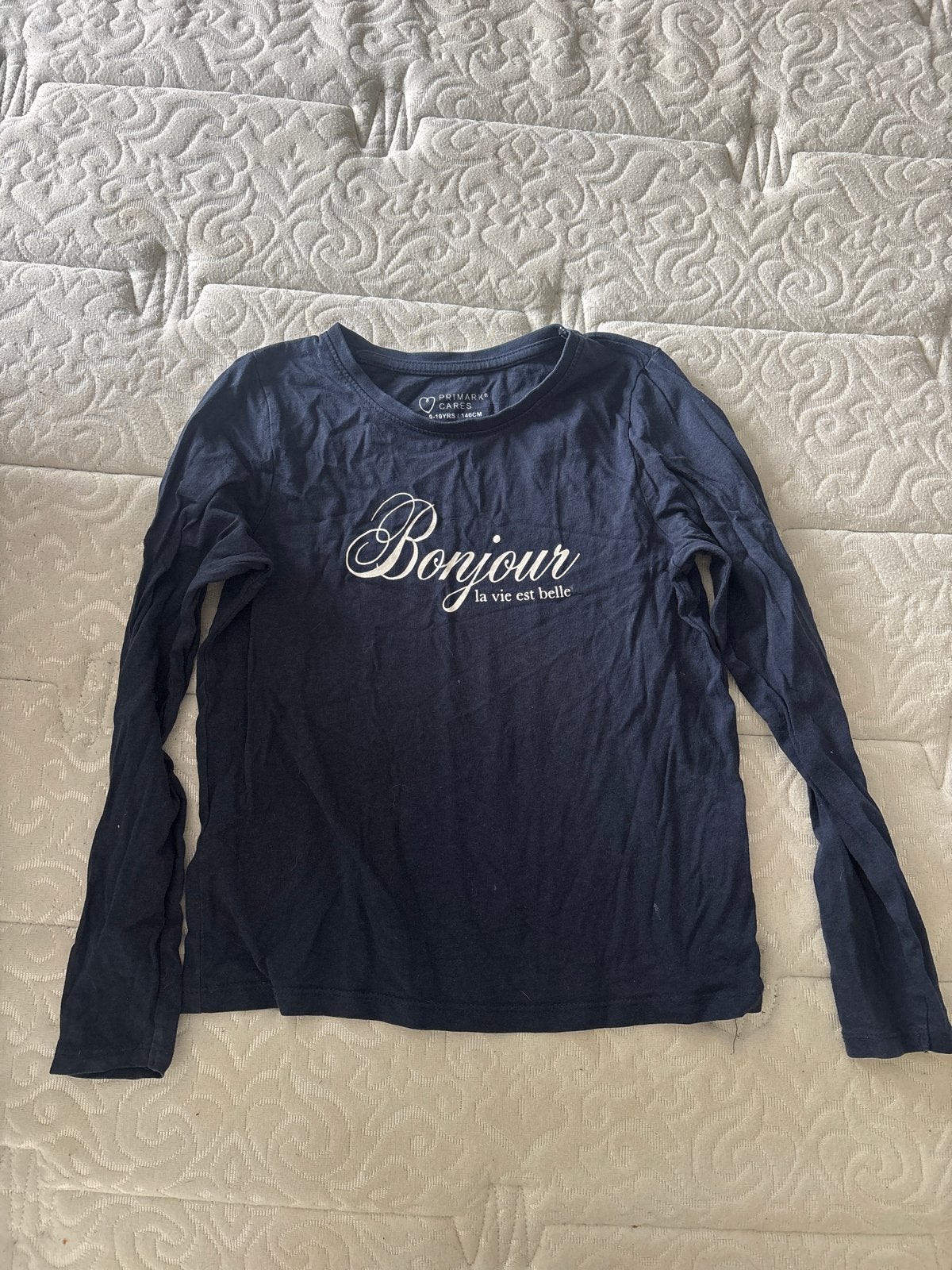 Donkerblauw shirt met lange mouwen 'Bonjour' maat 140, Ophalen of Verzenden, Gebruikt, Meisje, Shirt of Longsleeve