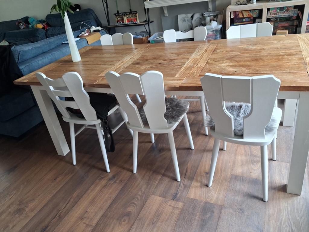 Robuuste houten eettafel met witte poten 219x100cm, Ophalen, Gebruikt, 200 cm of meer, 50 tot 100 cm