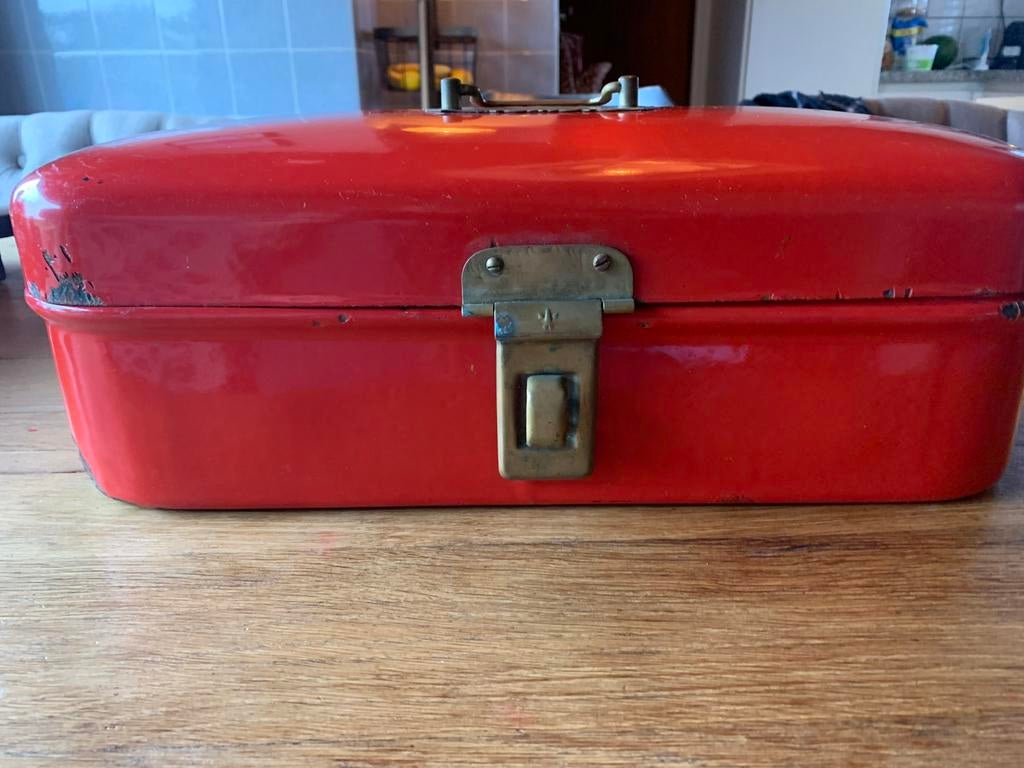 Vintage Broodtrommel - Gevlamd Rood Oranje - Retro Brooddoos, Ophalen of Verzenden