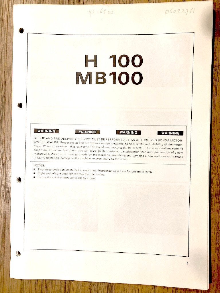 Honda H100/MB100 1980 Set-up instructions, Ophalen of Verzenden, Honda