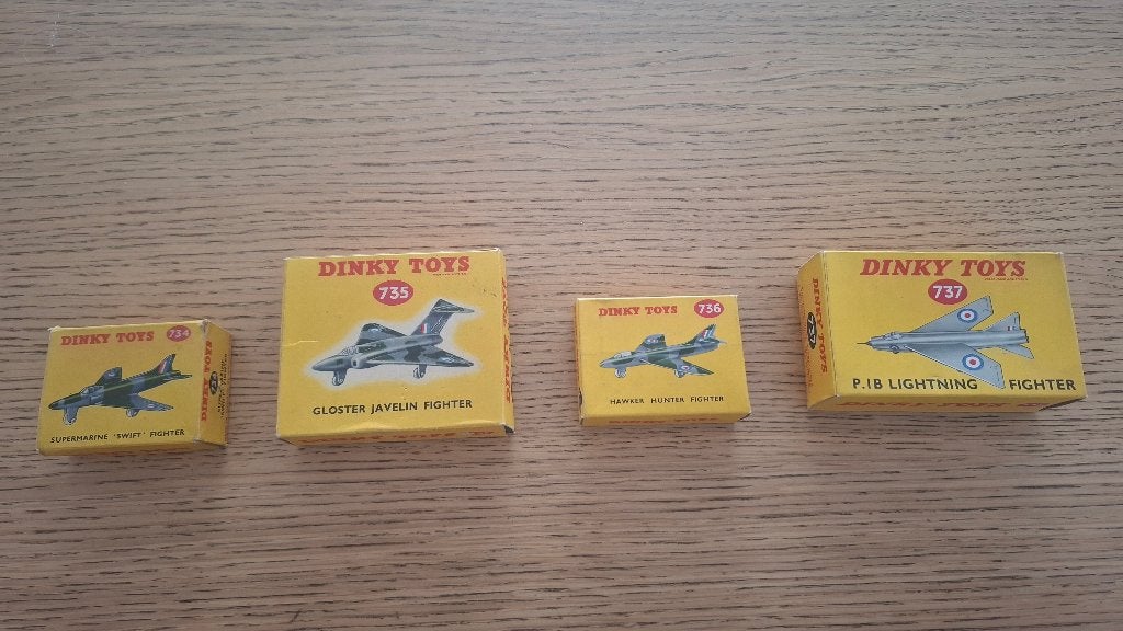 4 Dinky Toys straaljagers 734 t/m 737 met originele dozen, Ophalen of Verzenden, Zo goed als nieuw