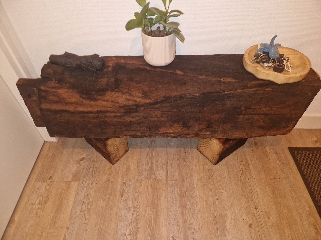 Rustieke houten bank / bijzettafel - Moet weg!, Ophalen