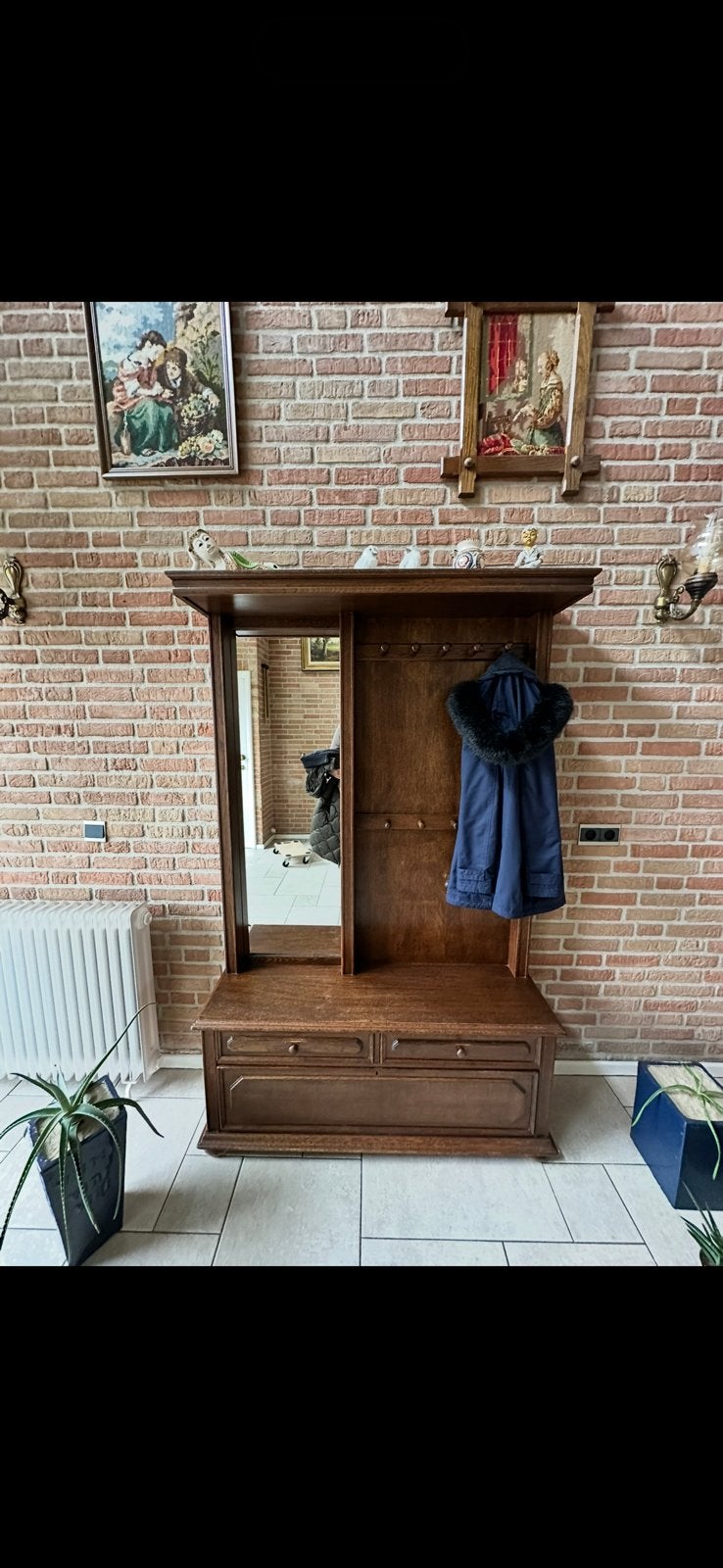 Klassiek hallmeubel / kapstok met spiegel, donker eiken, Antiek en Kunst, Ophalen