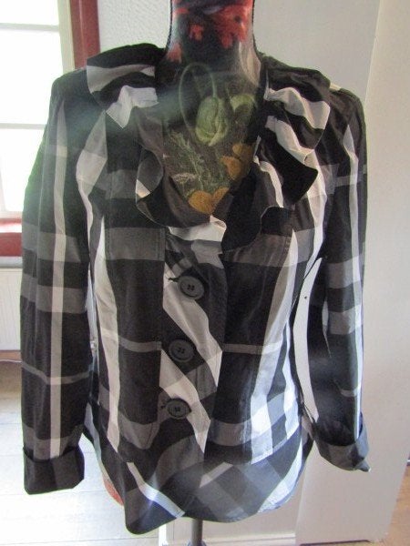 F694 ERFO mt 38 blouse zwart grijs wit ruit roezelkraag, Maat 38/40 (M), Verzenden, Zwart, Erfo