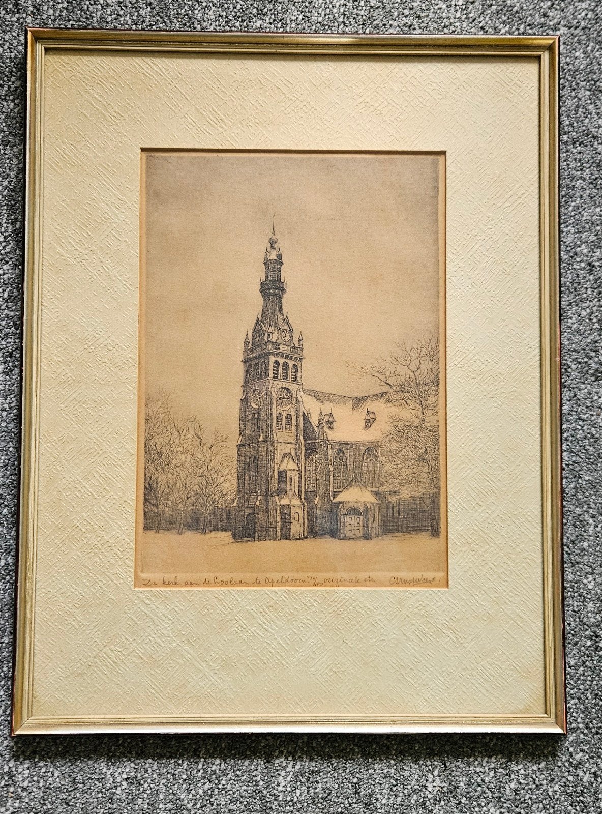 Originele ets 'De kerk aan de Loolaan te Apeldoorn', Gesigneerd, Ets, Stadsgezicht, Ophalen of Verzenden