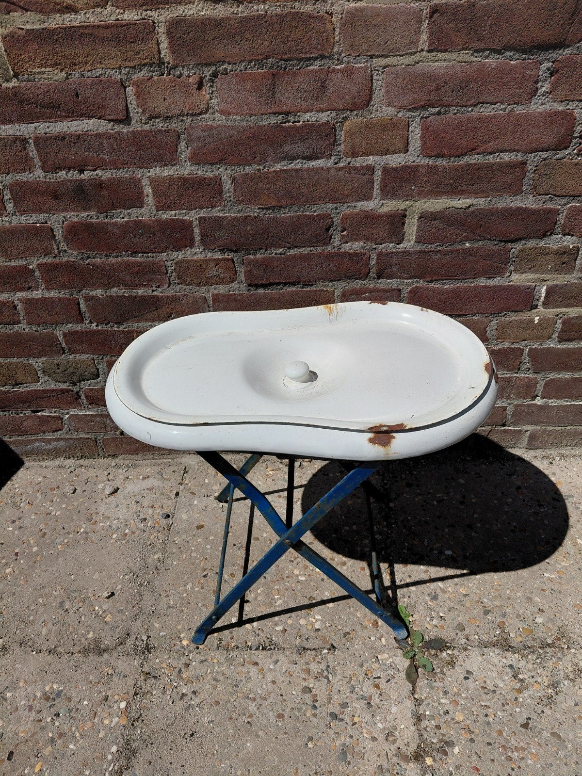 Vintage geëmailleerd babybadje met standaard, Antiek en Kunst, Ophalen of Verzenden