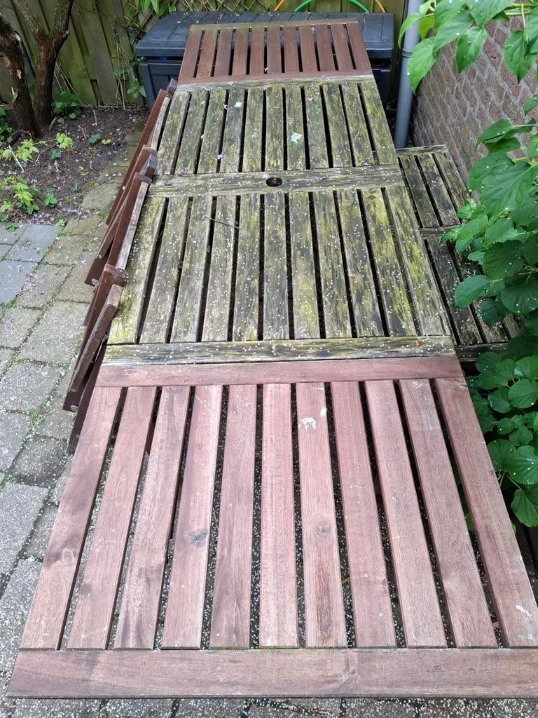 Ikea uitklapbare eettafelset buiten met 2 stoelen en bankje, 4 zitplaatsen, Gebruikt, Bank, Ophalen of Verzenden