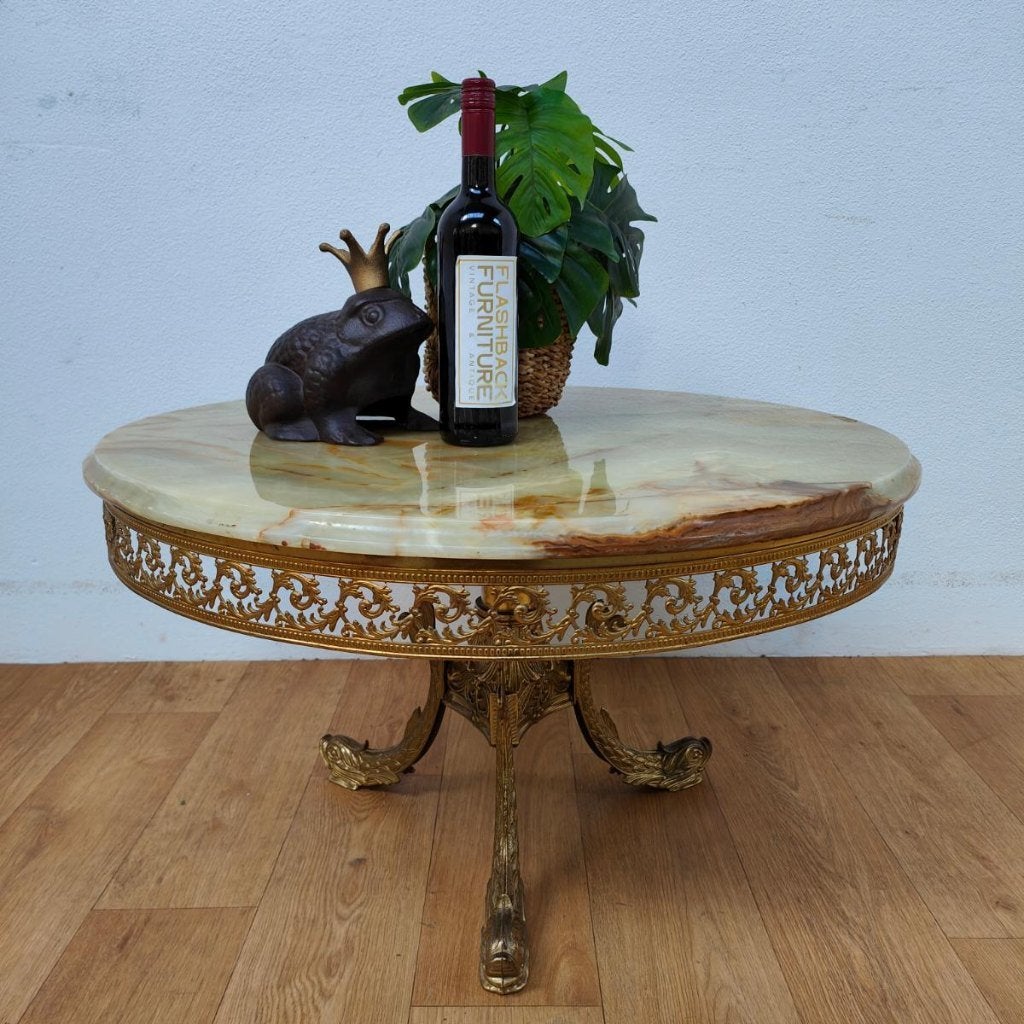 Ronde Vintage Regency salontafel met marmer onyx blad 79cm, Valkenswaard, Gebruikt, 50 tot 100 cm, Info@flashbackfurniture.nl