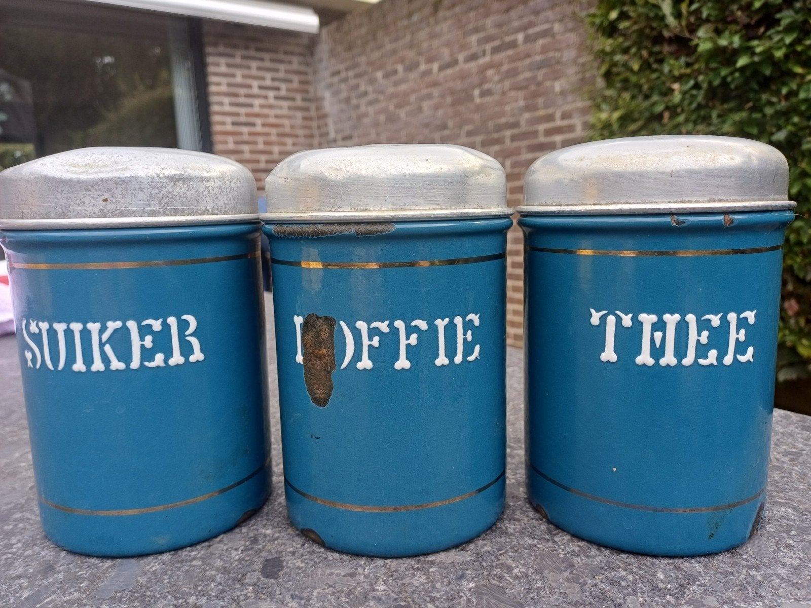 Vintage voorraadblikken set: Koffie, Thee, Suiker, Antiek en Kunst, Ophalen of Verzenden