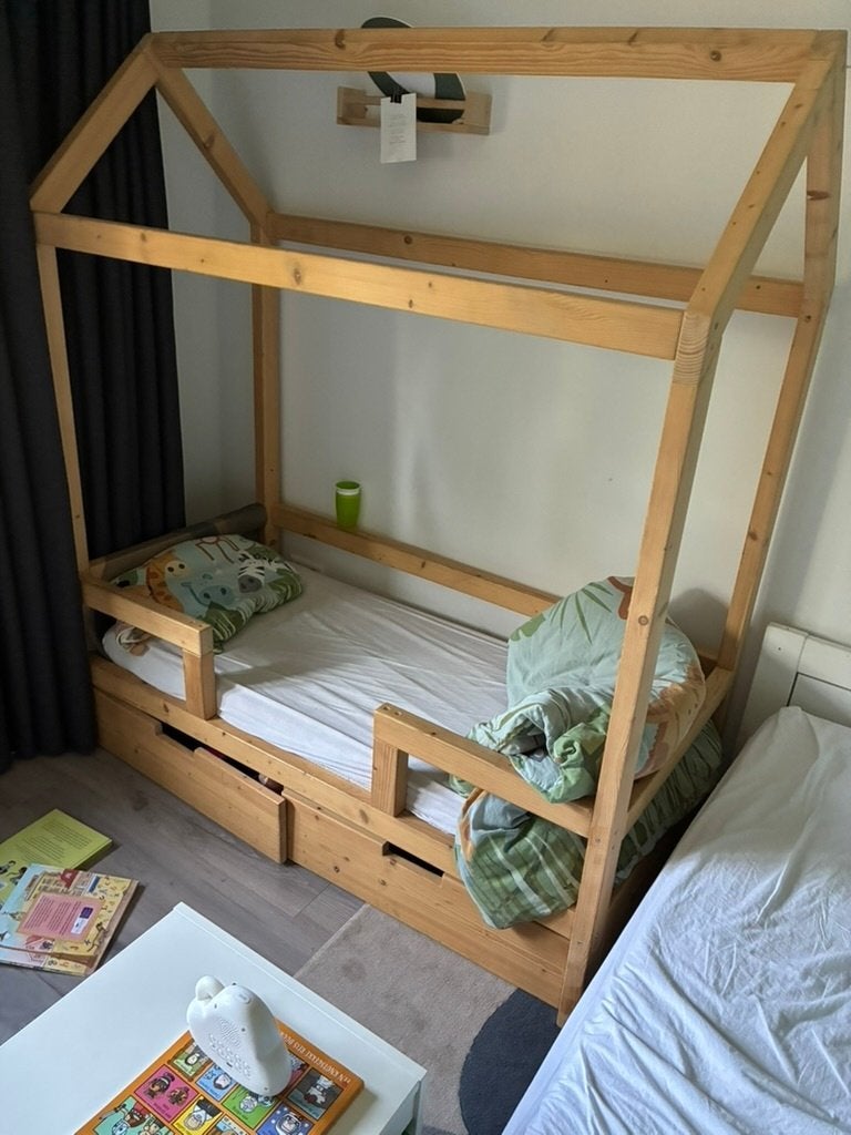 Houten bedhuis peuterbed + lades - 70x140 cm, Ophalen, Gebruikt, 70 tot 85 cm, 140 tot 160 cm