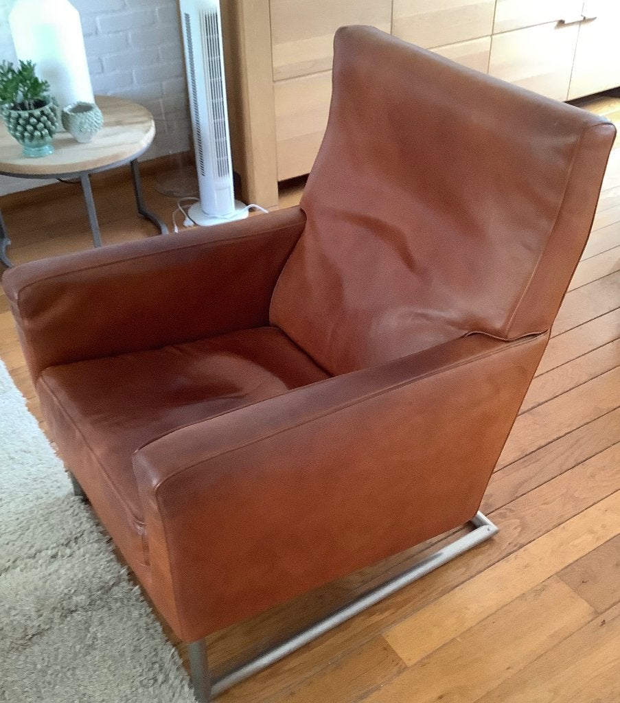 Molinari Leren Fauteuil - Cognac Kleur. Italiaans design, Ophalen, Gebruikt, 75 tot 100 cm, 50 tot 75 cm