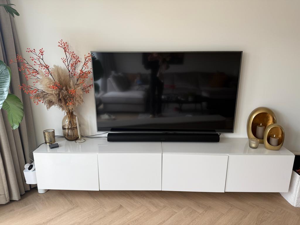 Ikea Besta TV meubel - hoogglans wit 2x120 cm met glasplaat, Ophalen, Kunststof, Zo goed als nieuw, 200 cm of meer