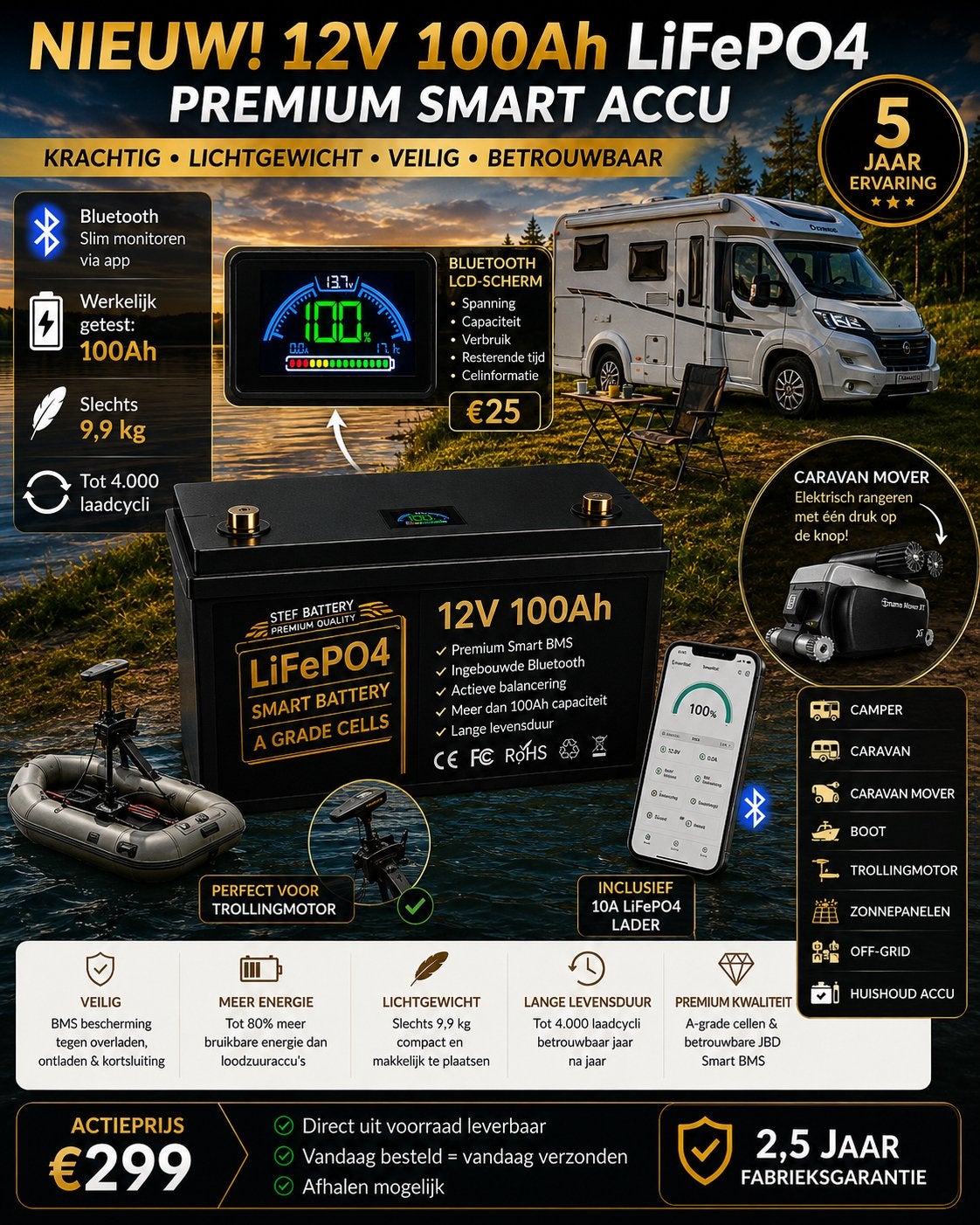 NIEUW – Veilige SMART 12V 109Ah LiFePO4 Premium Lithium Accu, Auto-onderdelen, Accu's en Toebehoren, Ophalen of Verzenden, Nieuw