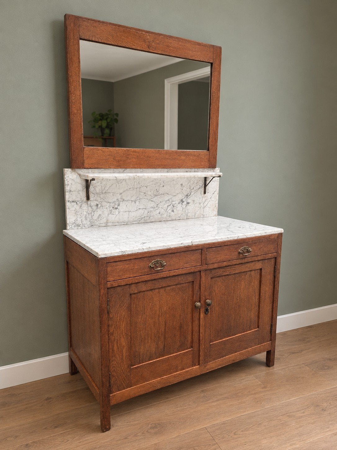 Antieke commode / kastje / wastafel marmeren blad en spiegel, Gebruikt, 50 tot 70 cm, 100 cm of meer, Commode