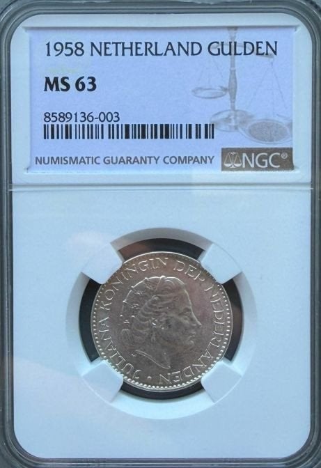 1958 zeldzame  Gulden MS 63 - Koningin Juliana, Ophalen of Verzenden, Koningin Juliana, 1 gulden, Losse munt