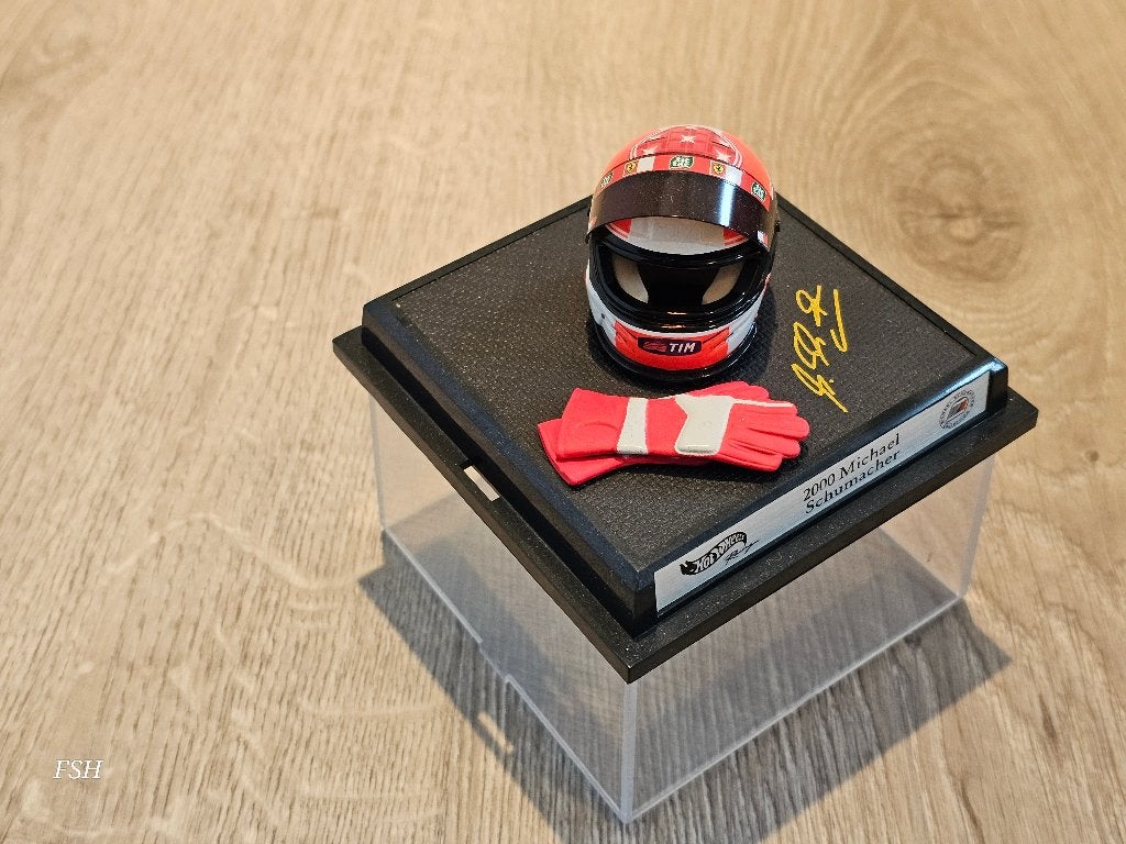 Helm 1:8 + handschoenen, Michael Schumacher, 2000., Verzamelen, Ophalen of Verzenden, Zo goed als nieuw, Formule 1