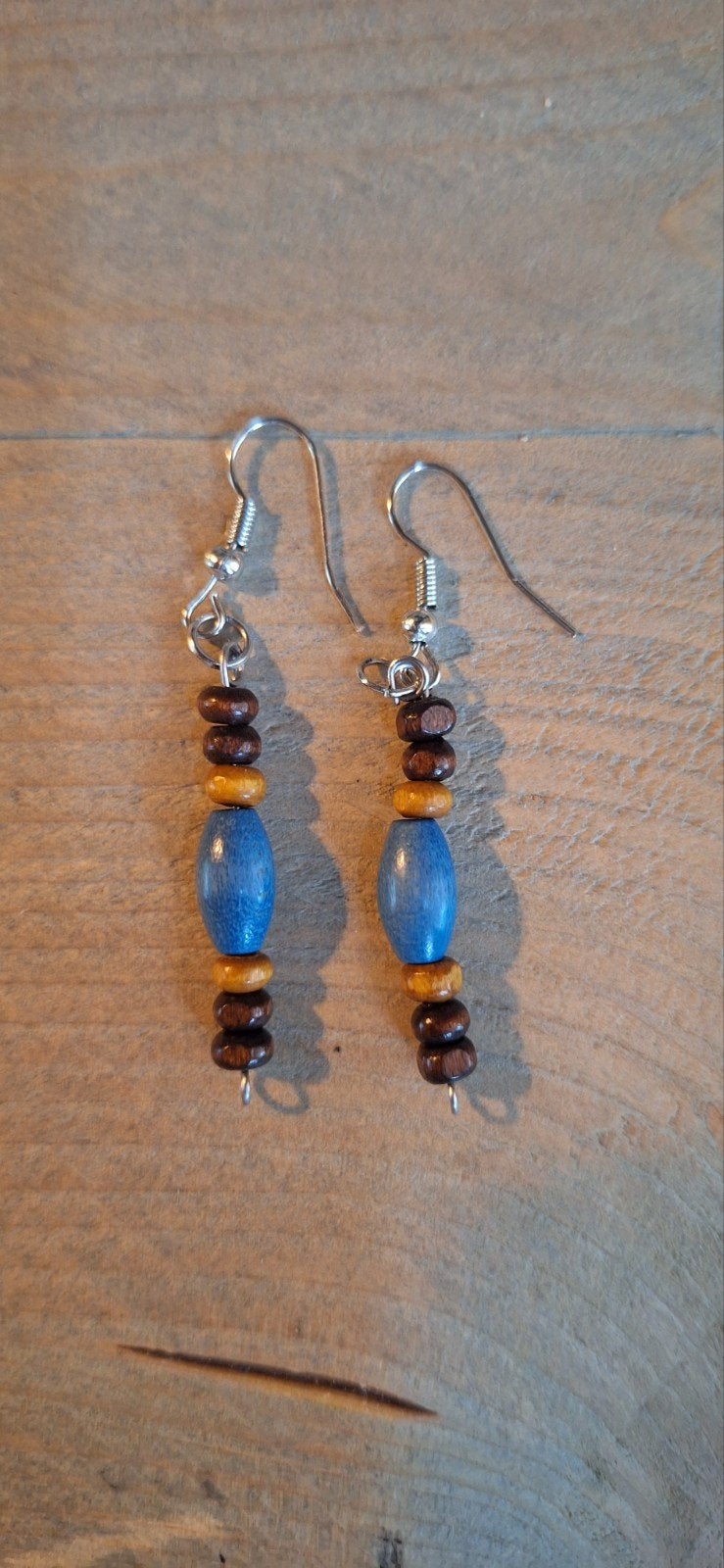 Handgemaakte RVS oorbellen met houten kralen, Ophalen, Overige materialen, Hangers, Blauw