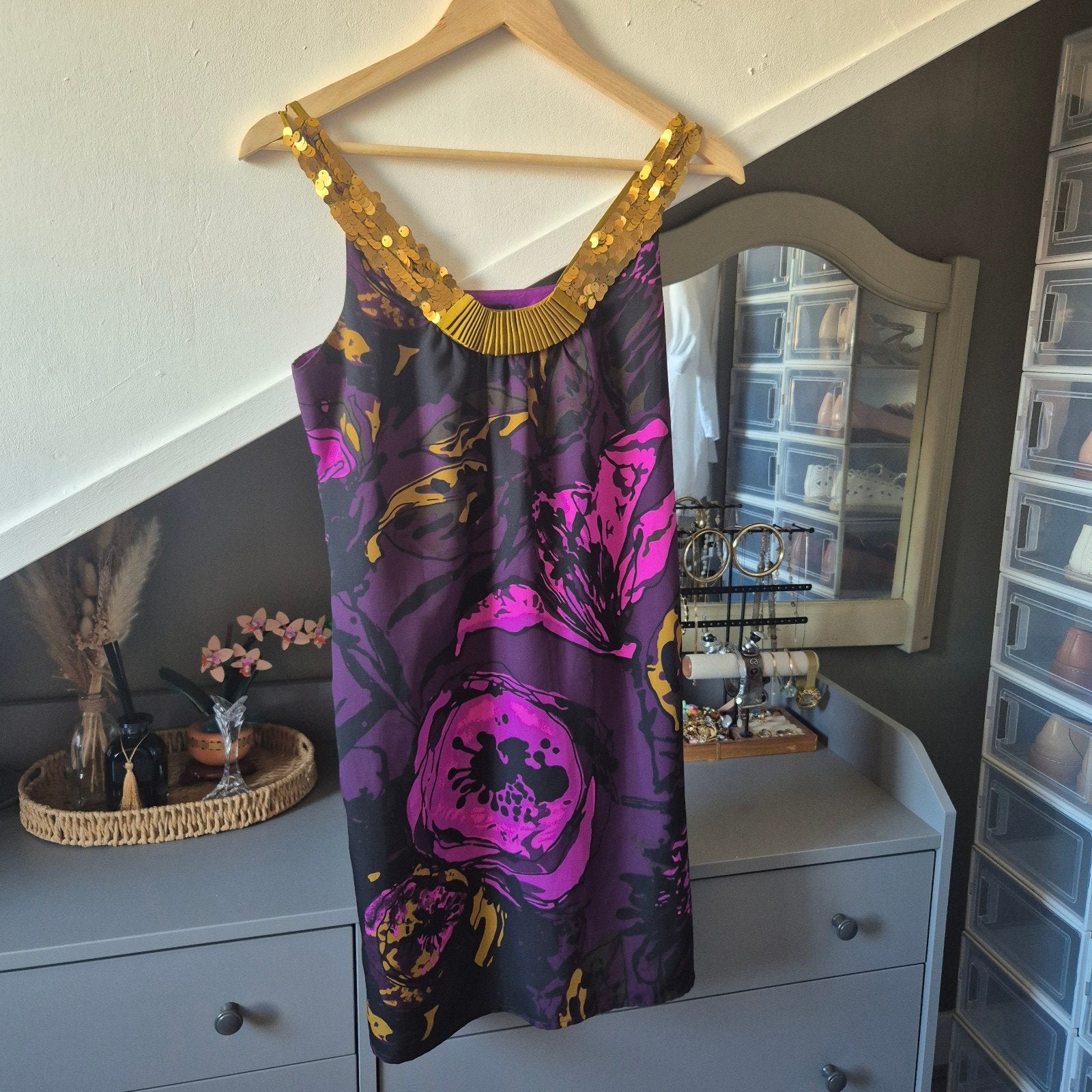 Vintage Didi Y2K Minijurkje XS • Paars Bloemen & Goud Paille, Kleding | Dames, Jurken, Paars, Didi, Ophalen of Verzenden, Zo goed als nieuw