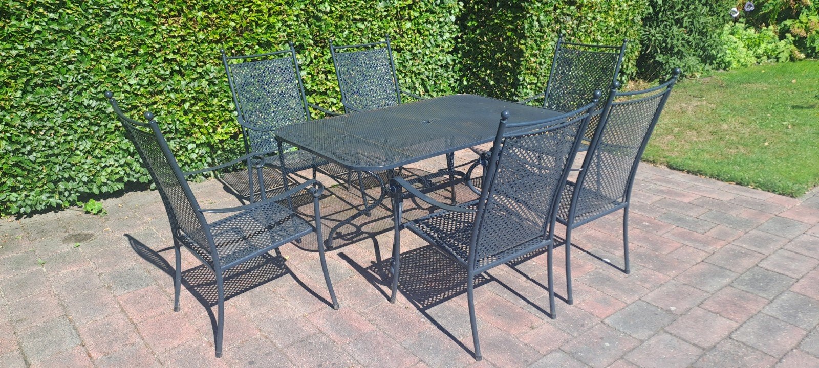 Vintage strekmetaal tuinset met 6 stoelen, Ophalen, Gebruikt, 6 zitplaatsen, Aluminium