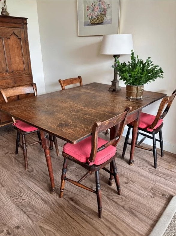 Antieke eiken gateleg eettafel met 5 stoelen, Ophalen, Gebruikt, 100 tot 150 cm, Eikenhout
